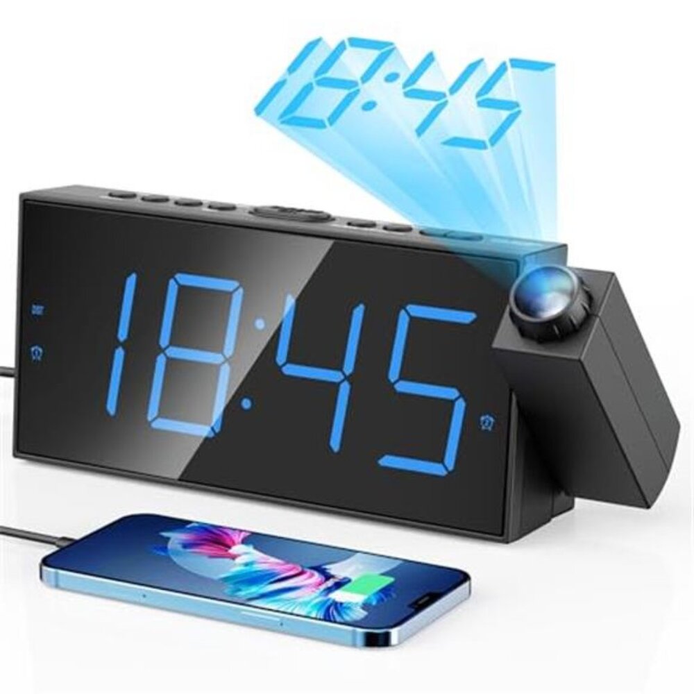 Digital Projection Alarm Clock Large LED Display Rotatable Projector Dual Alarms